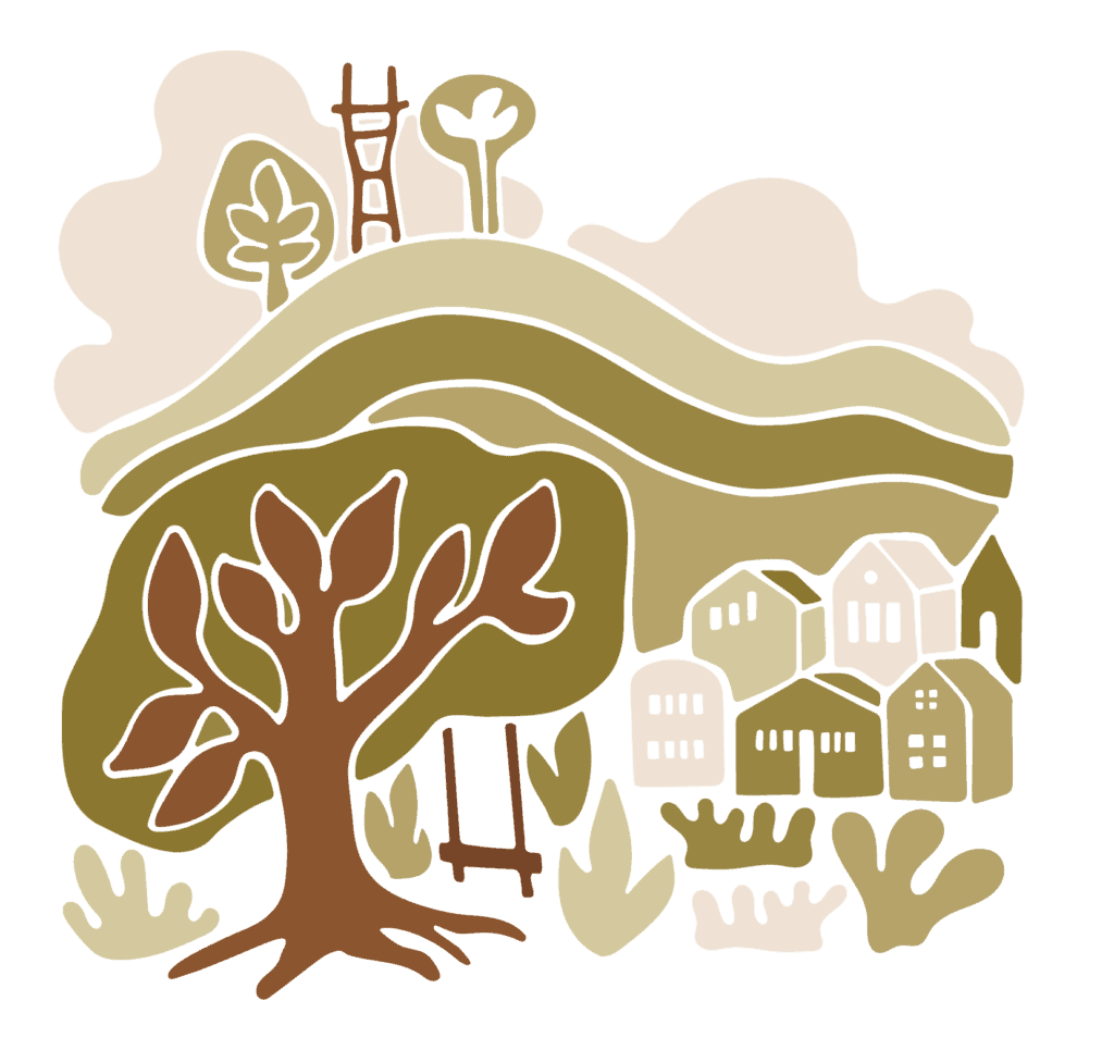 graphic of a neighborhood benefitting from san francisco yoga, trees growing, hills and homes thriving in the community and a ladder growing through it all