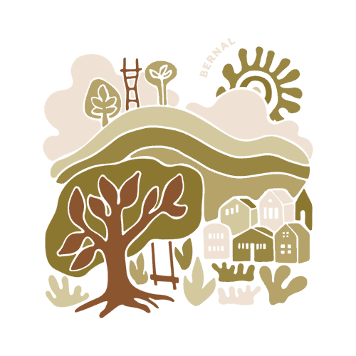 illustration of the San Francisco neighborhood of Bernal, trees and sunshine and homes against the hills