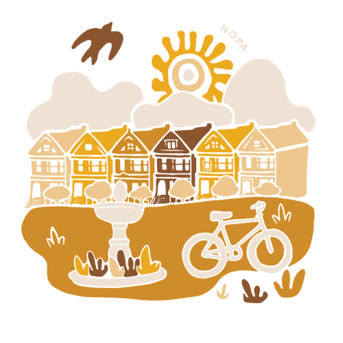 illustration of the San Francisco neighborhood of NOPA, with birds flying and bicycles and fountains in front of classic buildings
